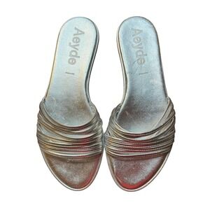 Aeyde Shoes Womens Size 38.5 Silver Metallic Slide Sandals Made in Italy Strappy
